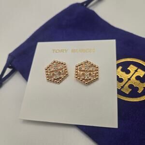 NEW Tory Burch Hex Pave Logo Stud Earrings Crystal Rose Pink Gold Gift Classic